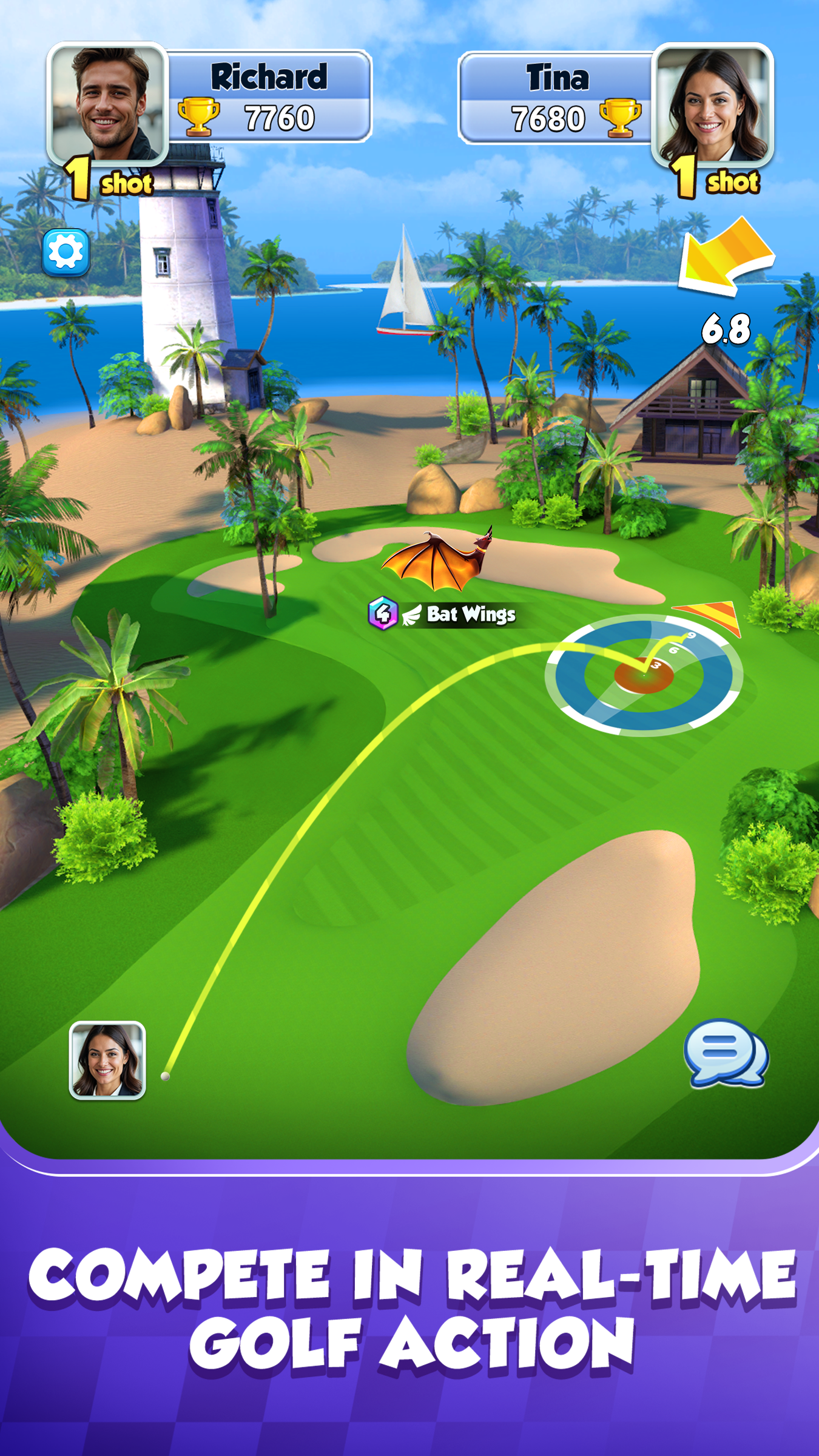 A professional golfer prepares for a powerful swing on a picturesque course
